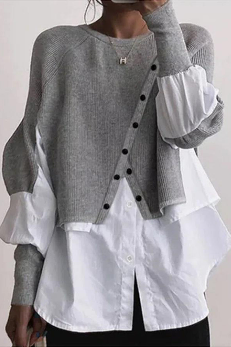 Casual Solid Patchwork Buttons O Neck Tops