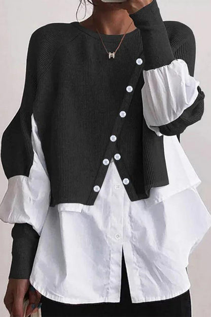 Casual Solid Patchwork Buttons O Neck Tops