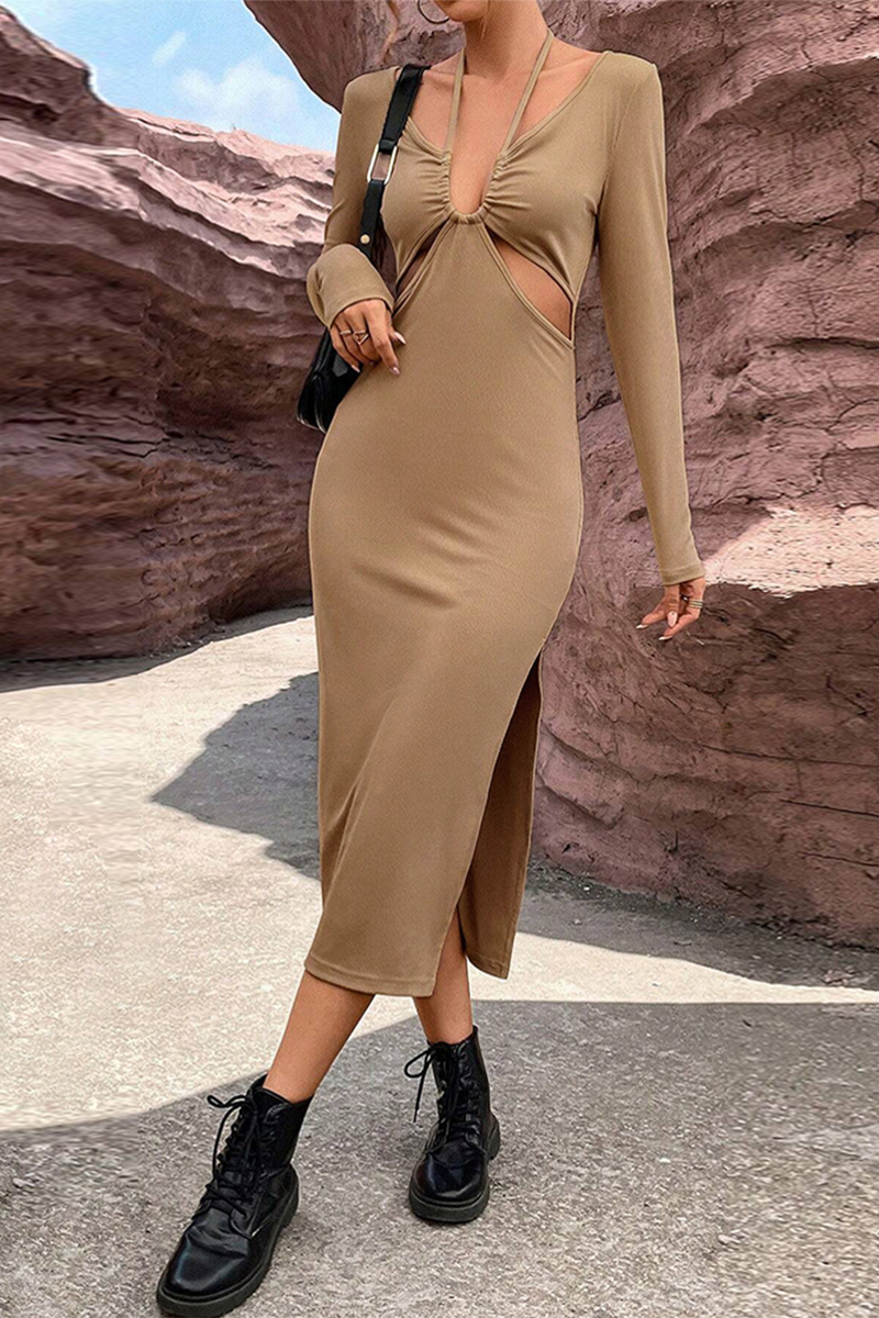 Sexy Vacation Solid Hollowed Out Slit Halter Long Sleeve Dresses