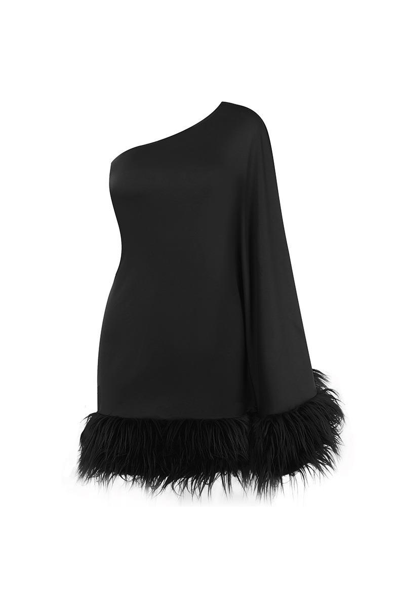 Sexy Solid Feathers Oblique Collar Asymmetrical Dresses