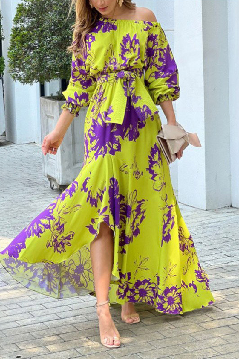 Elegant Floral With Bow Oblique Collar Irregular Dress Dresses