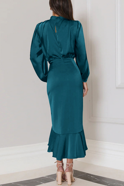 Elegant Solid Flounce Fold Turtleneck Evening Dress Dresses(6 Colors)