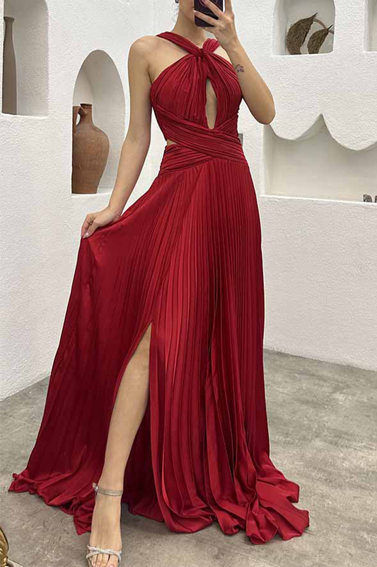 Elegant Solid Fold Halter Evening Dress Dresses(5 Colors)