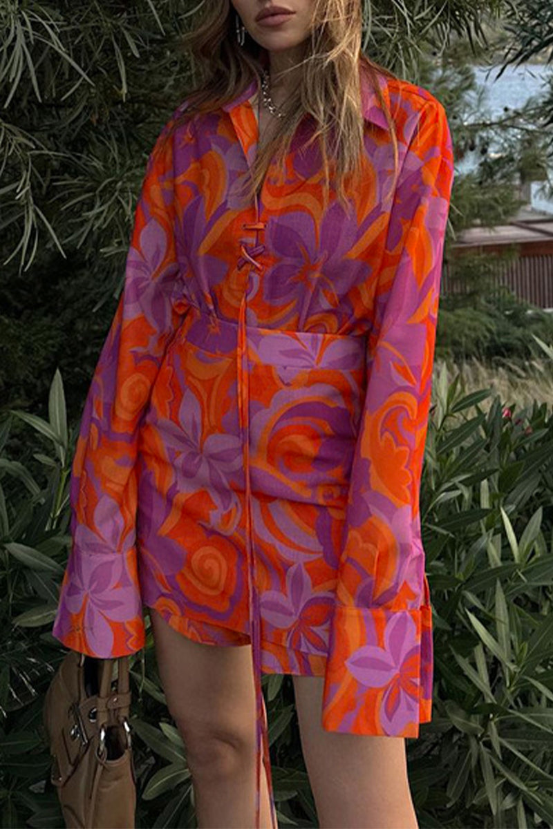 Elegant Floral Frenulum Turndown Collar Shirt Dresses