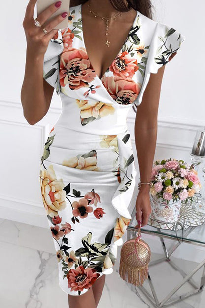 Elegant Floral Flounce Fold V Neck Printed Dresses(8 Colors)