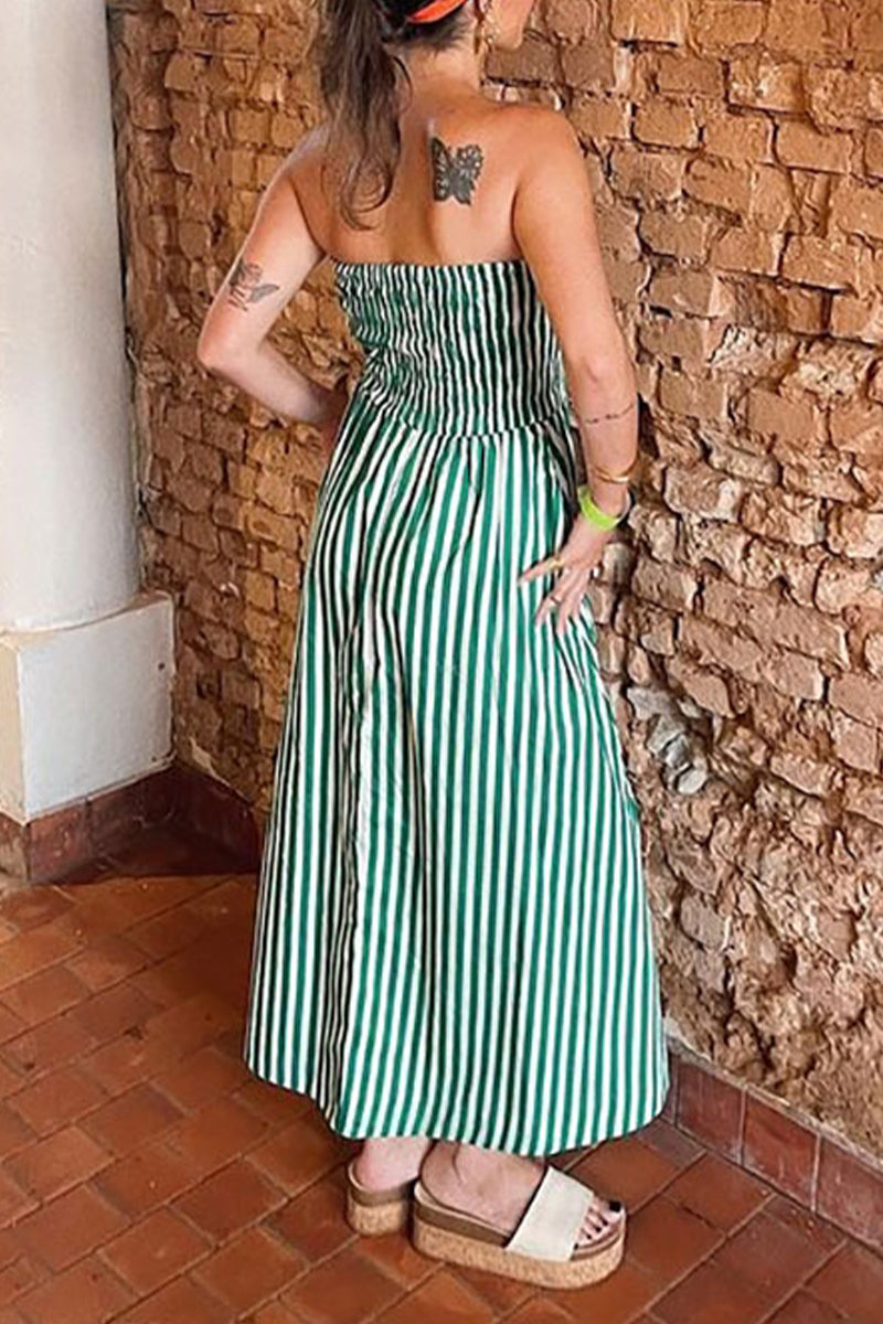 Casual Daily Striped Print Contrast Strapless Printed Dresses