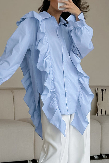 Casual Daily Solid Color Ruffle Patchwork Turndown Collar Tops