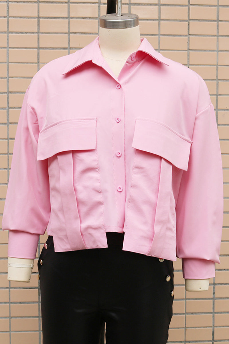 Casual Daily Solid Color Buttons Patchwork Shirt Collar Blouses (3 Colors)