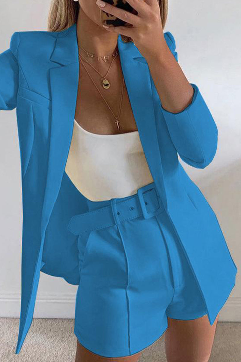 Chic Solid Lapel Long Sleeve Suit Coat+Slim Suit Shorts Two-piece(18 Colors)