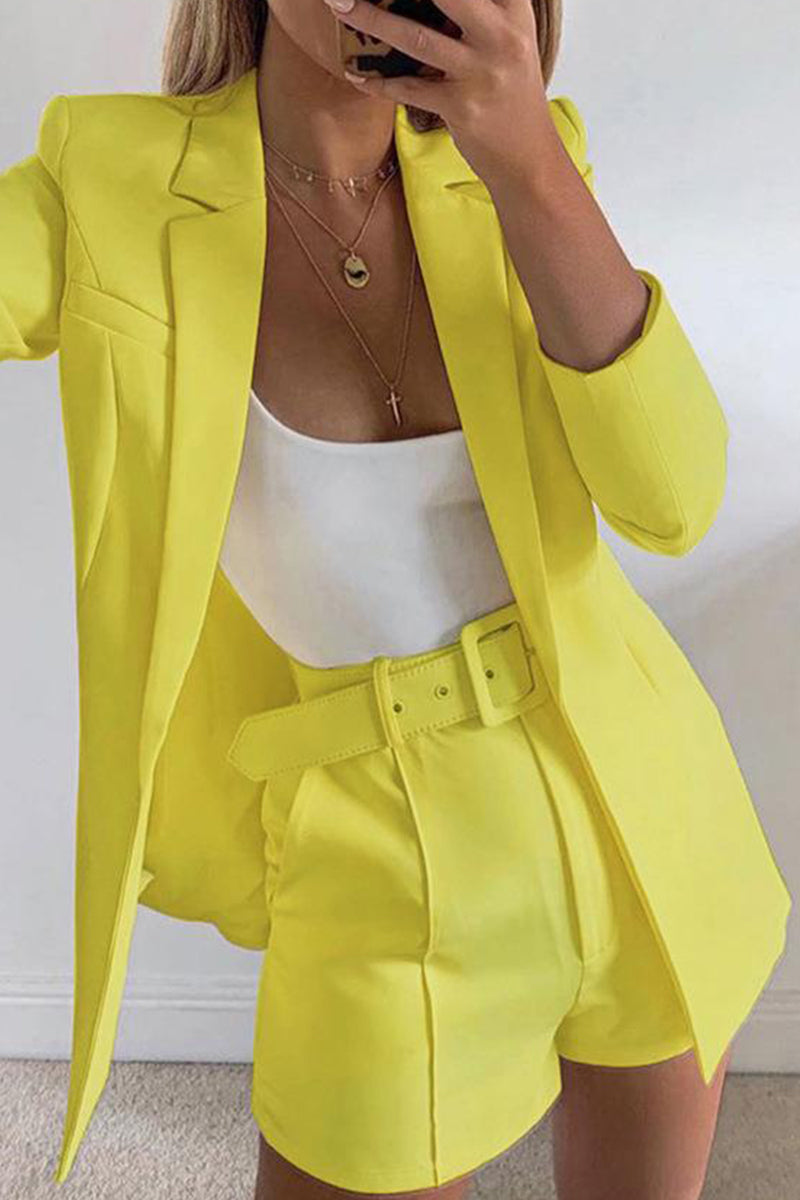 Chic Solid Lapel Long Sleeve Suit Coat+Slim Suit Shorts Two-piece(18 Colors)