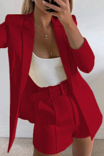 Chic Solid Lapel Long Sleeve Suit Coat+Slim Suit Shorts Two-piece(18 Colors)