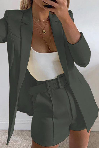 Chic Solid Lapel Long Sleeve Suit Coat+Slim Suit Shorts Two-piece(18 Colors)