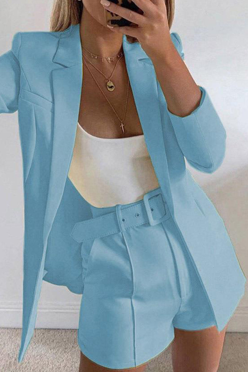 Chic Solid Lapel Long Sleeve Suit Coat+Slim Suit Shorts Two-piece(18 Colors)