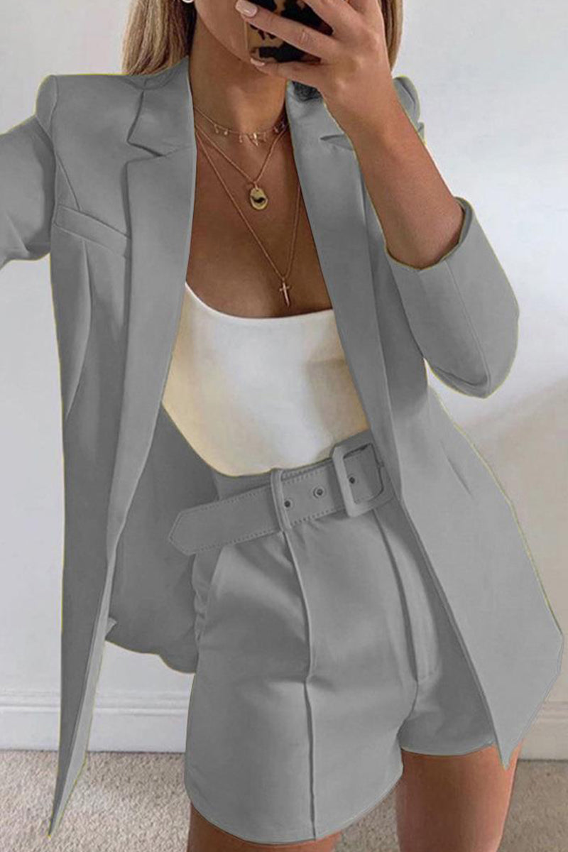 Chic Solid Lapel Long Sleeve Suit Coat+Slim Suit Shorts Two-piece(18 Colors)